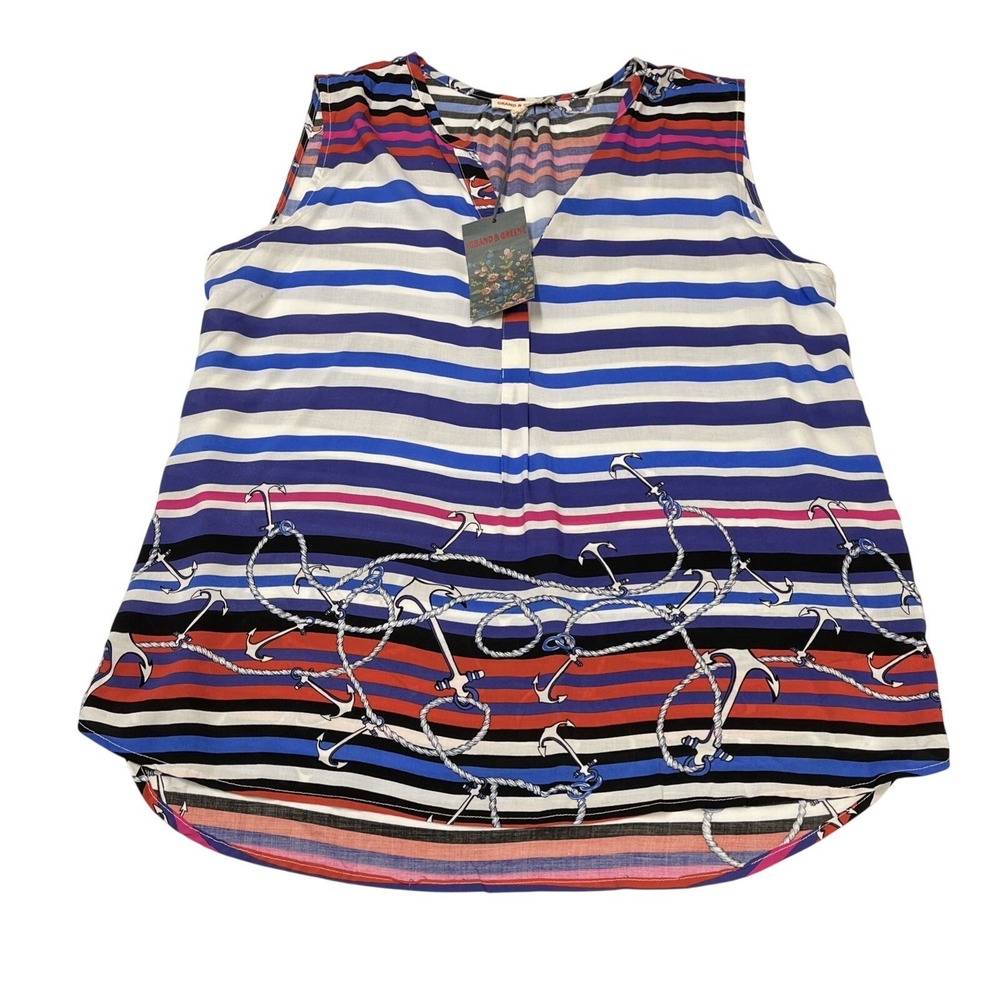 Grand & Greene Top Red White Blue Striped Tunic Size L Nautical Anchor Sailing